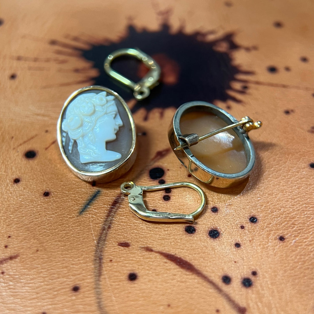 Vintage cameo earrings in 18 karat yellow gold. Cameo brooches are being transformed into lever back earrings 
